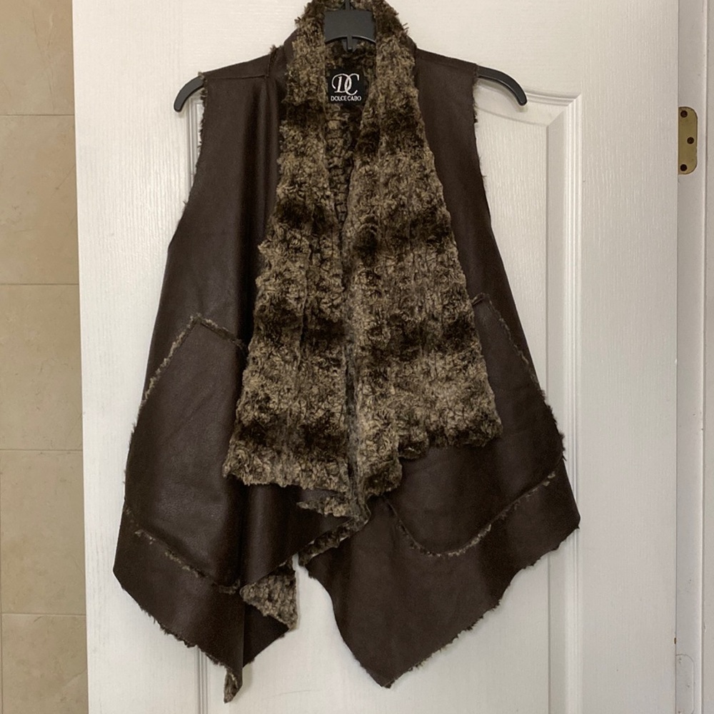 Dolce Cabo Open Front leather Faux Fur Vest Women's